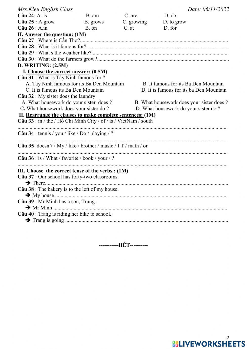 Ôn thi giữa kì 1 tiếng anh 6 smart world (2)