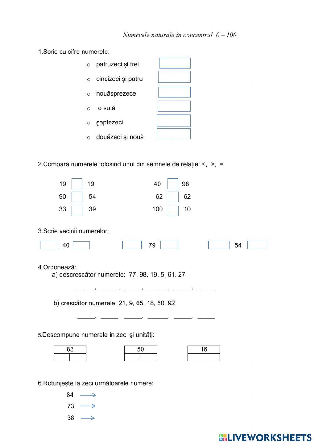 Numerele naturale în concentrul 0-100