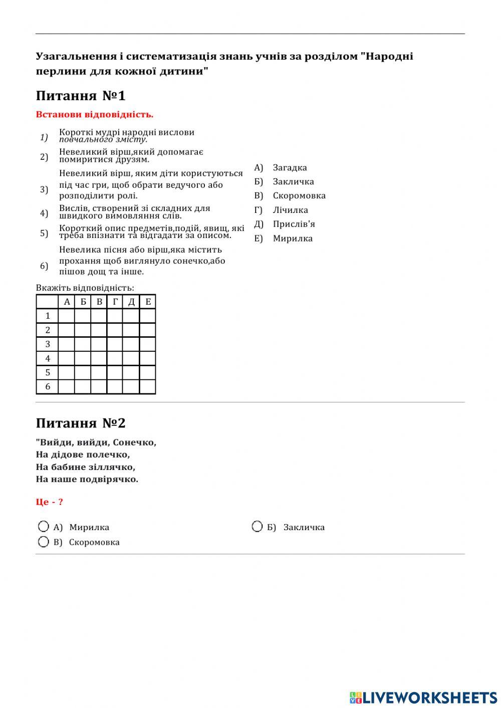 Узагальнення і систематизація знань учнів за розділом «Народні перлини для кожної дитини»