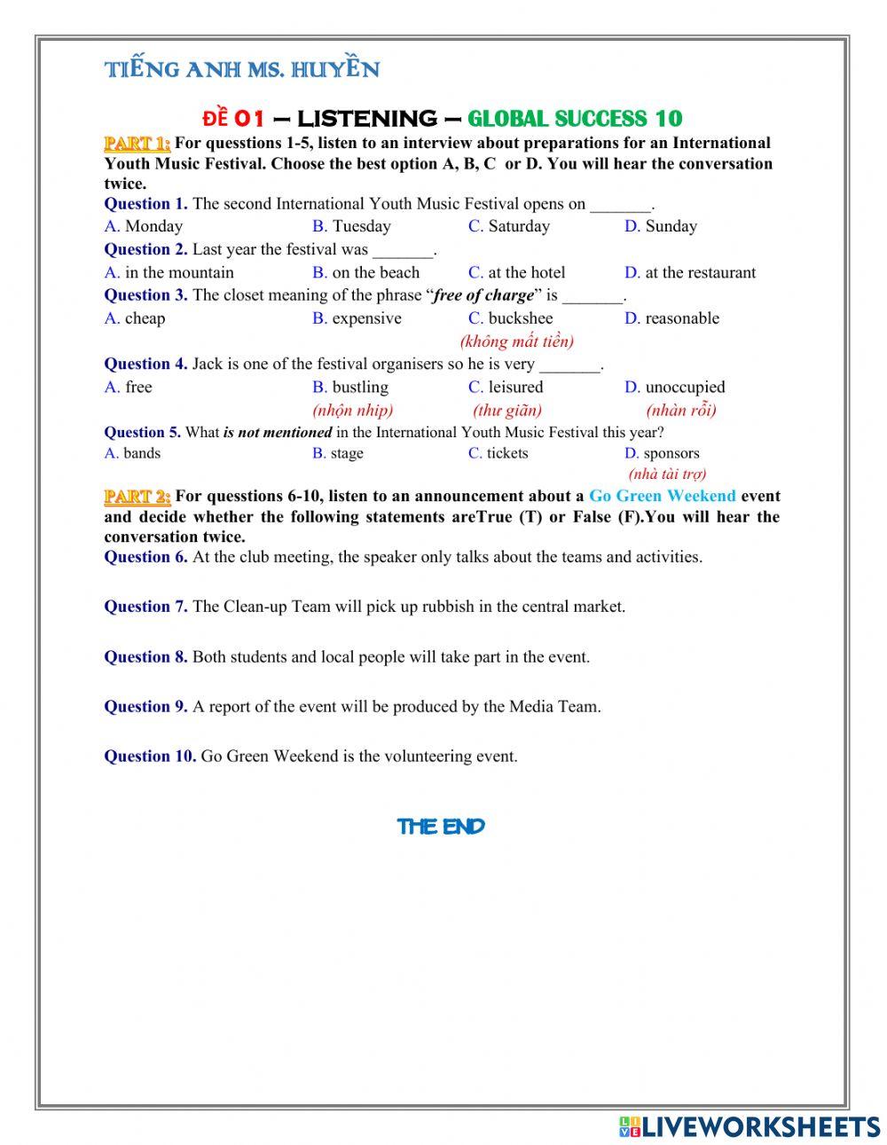 E10 - global success- listening đề 01
