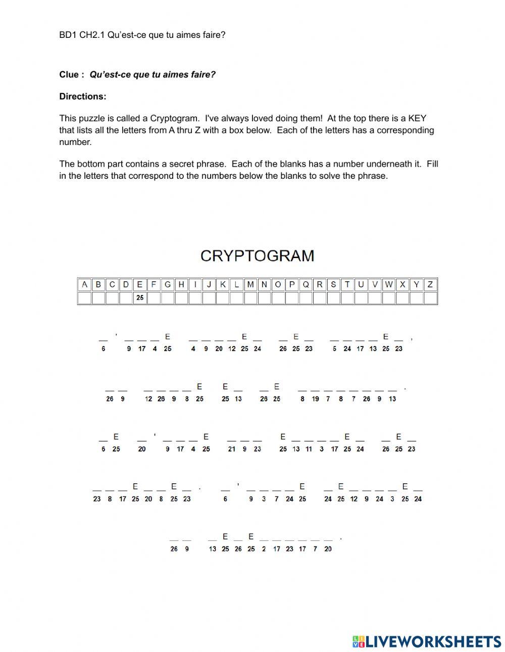 BD1 CH2.1 Cryptoman : Qu’est-ce que tu aimes faire online exercise for ...