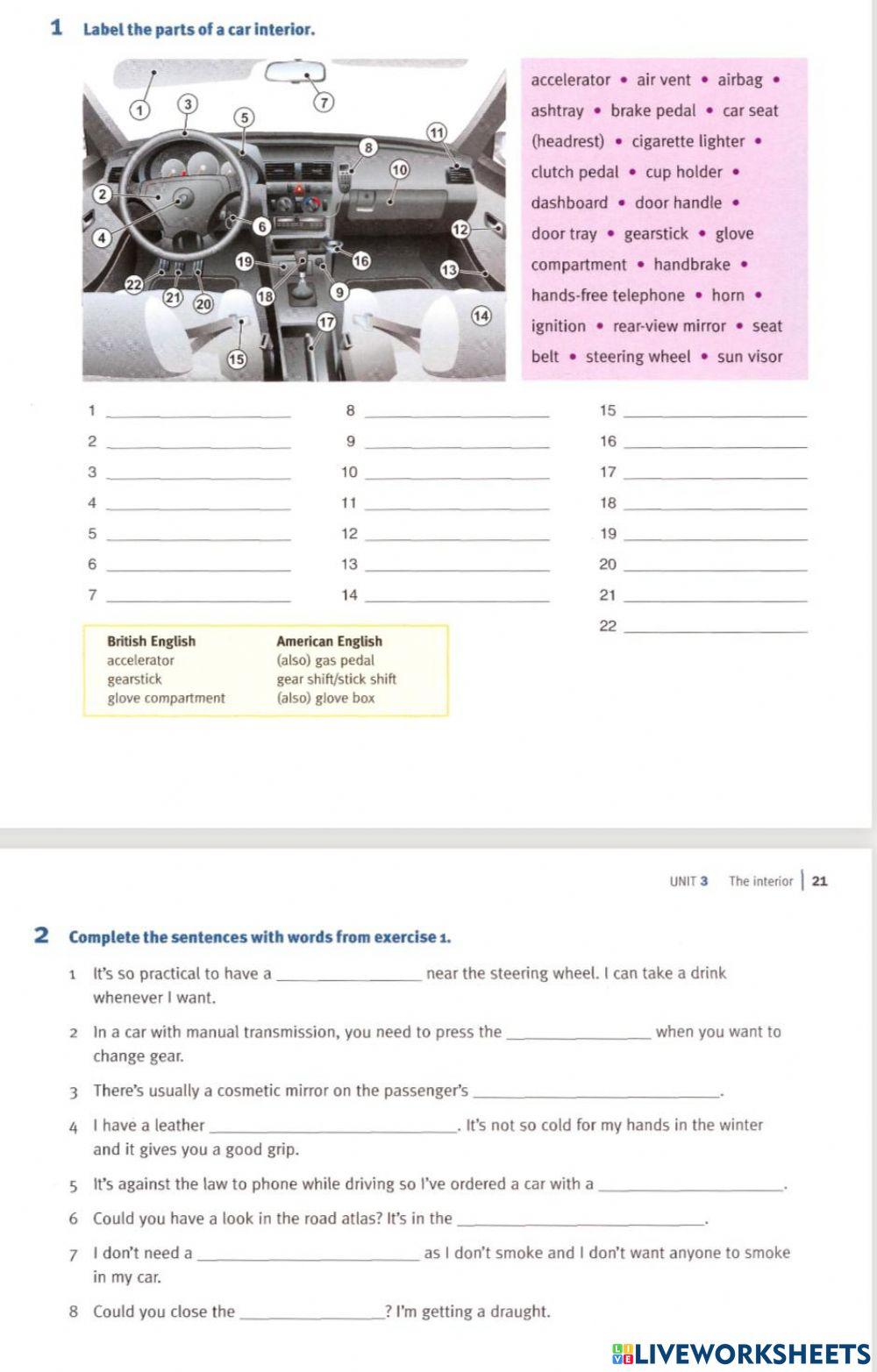 The interior car parts worksheet | Live Worksheets