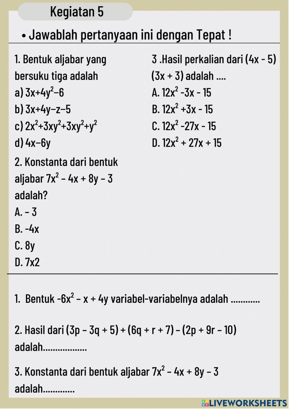 LKPD Materi Bentuk Aljabar