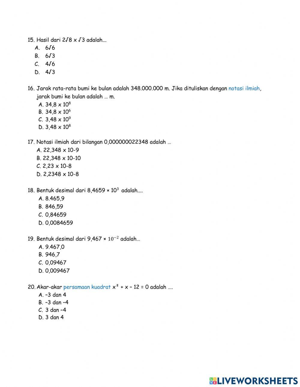 Ujian Semester 1 Matematika Kelas 9 TA 2022-2023