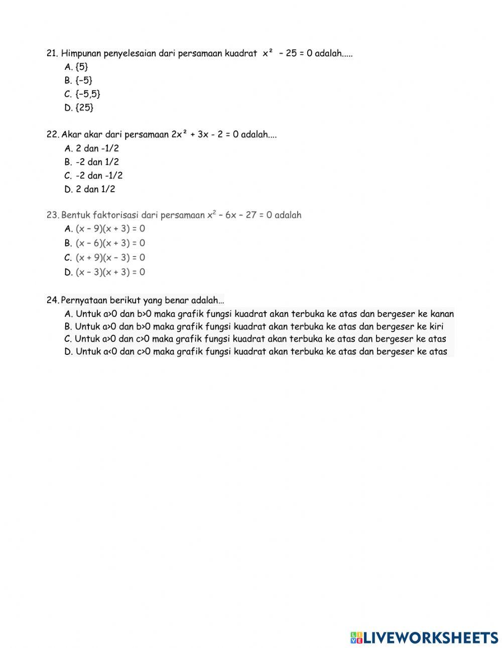 Ujian Semester 1 Matematika Kelas 9 TA 2022-2023