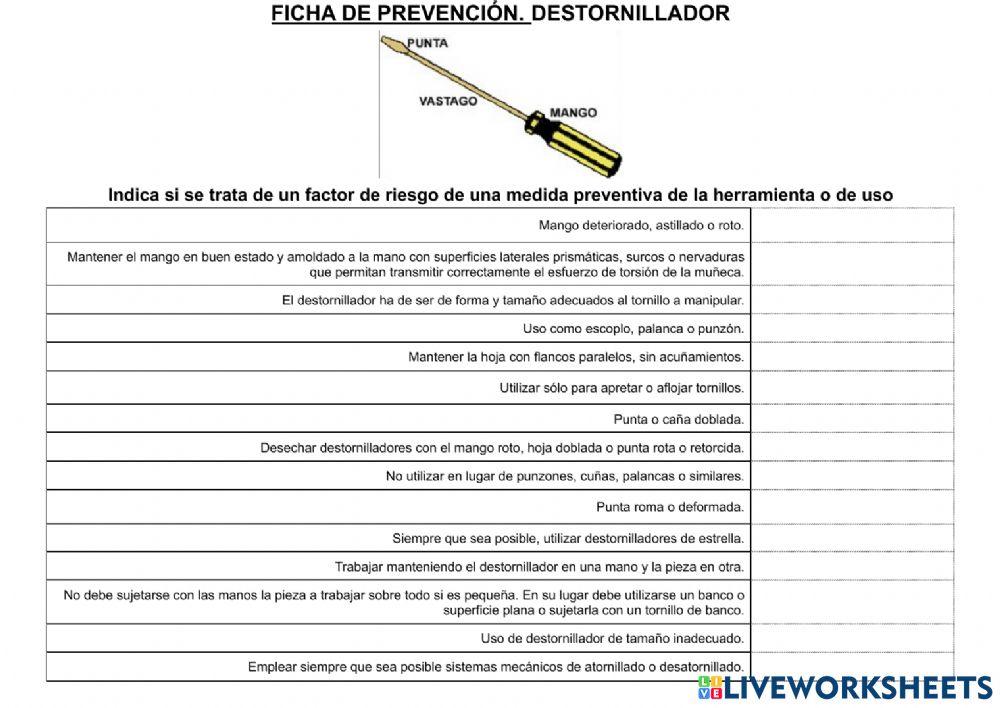 Ficha de prevención. Destornillador