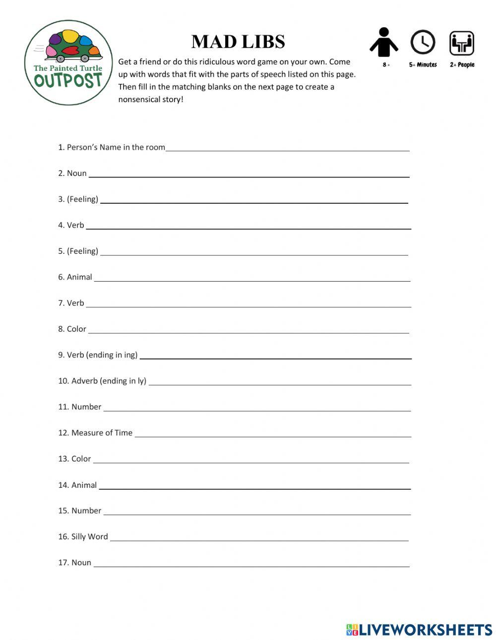 Mad lib worksheet Live Worksheets