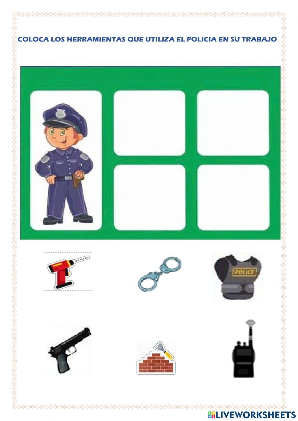 Coloca los herramientas que utiliza el policia en su trabajo