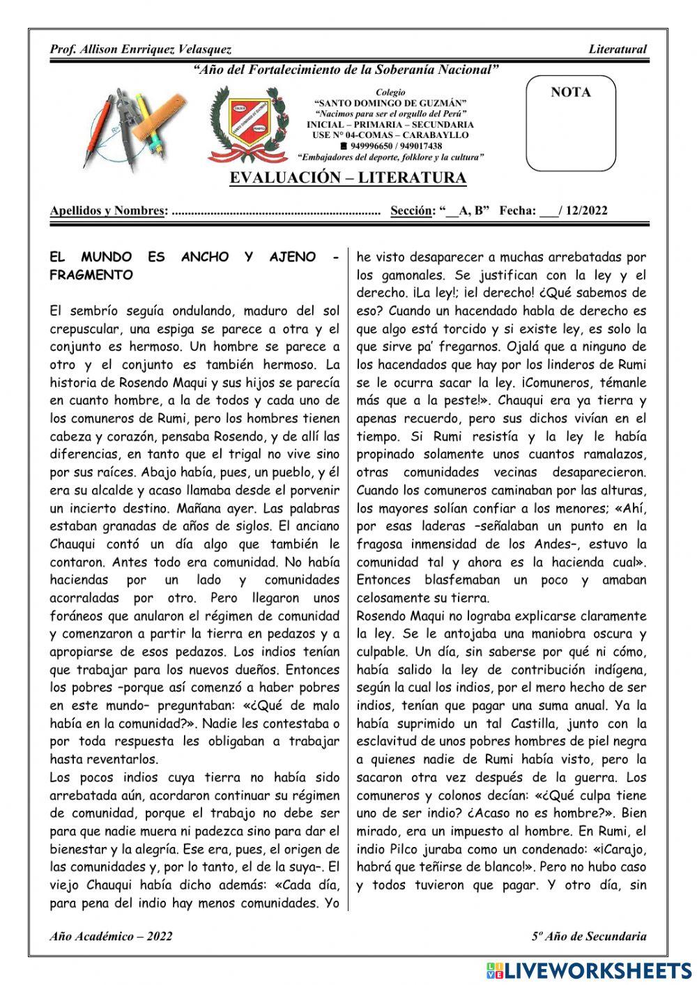 Evaluación literatura indigenista