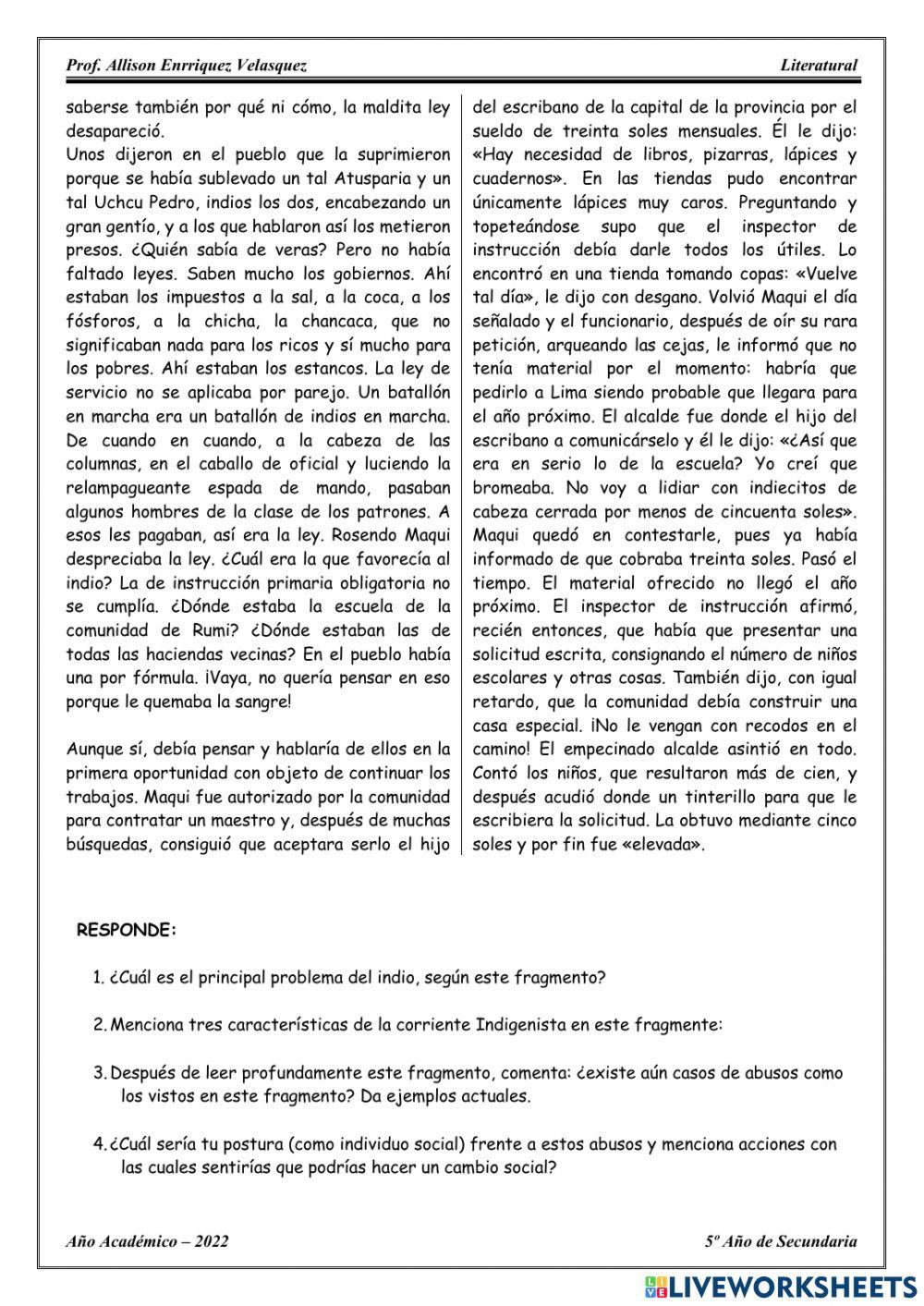 Evaluación literatura indigenista