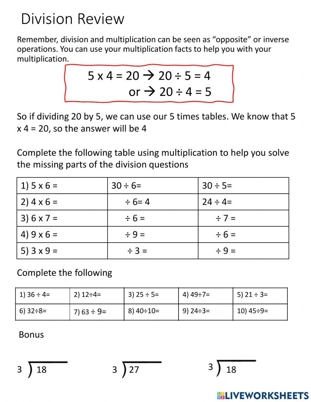 division review worksheets