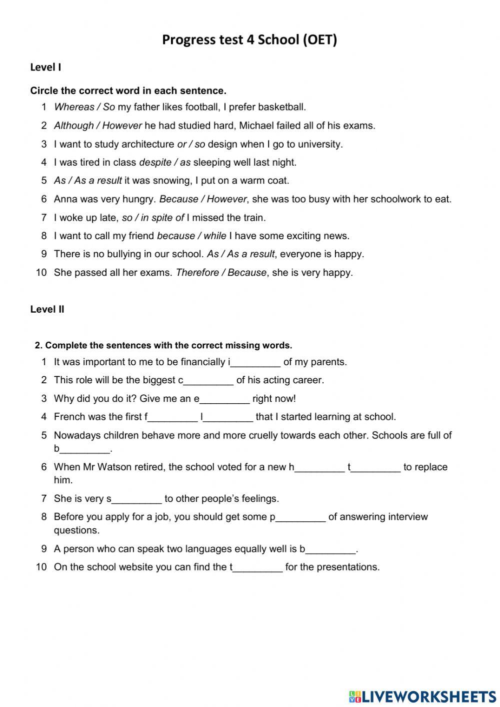 Oet progress test school