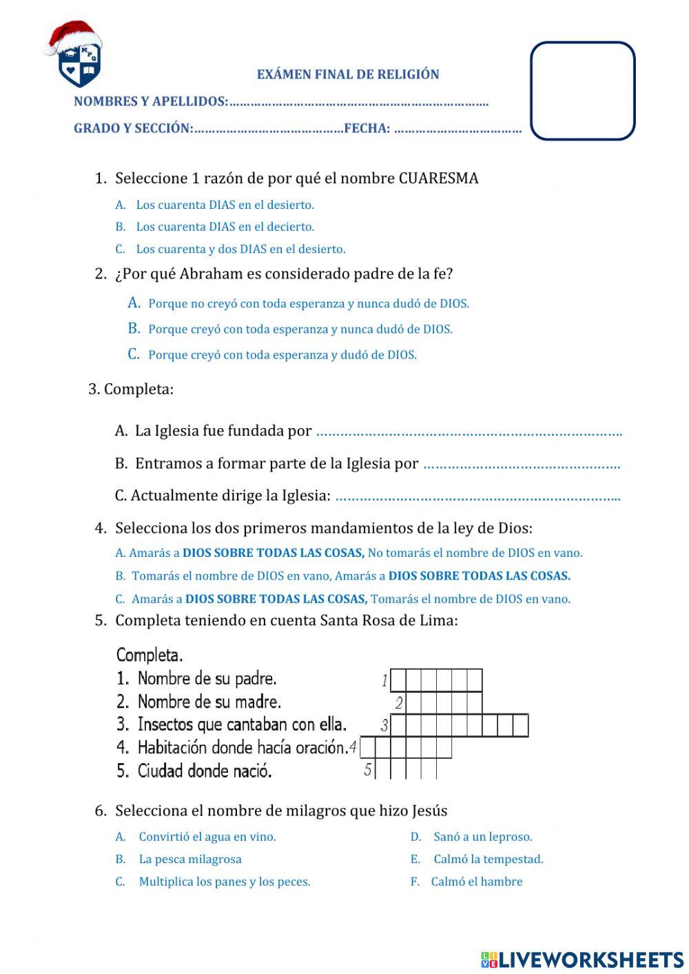 Examen final de religión