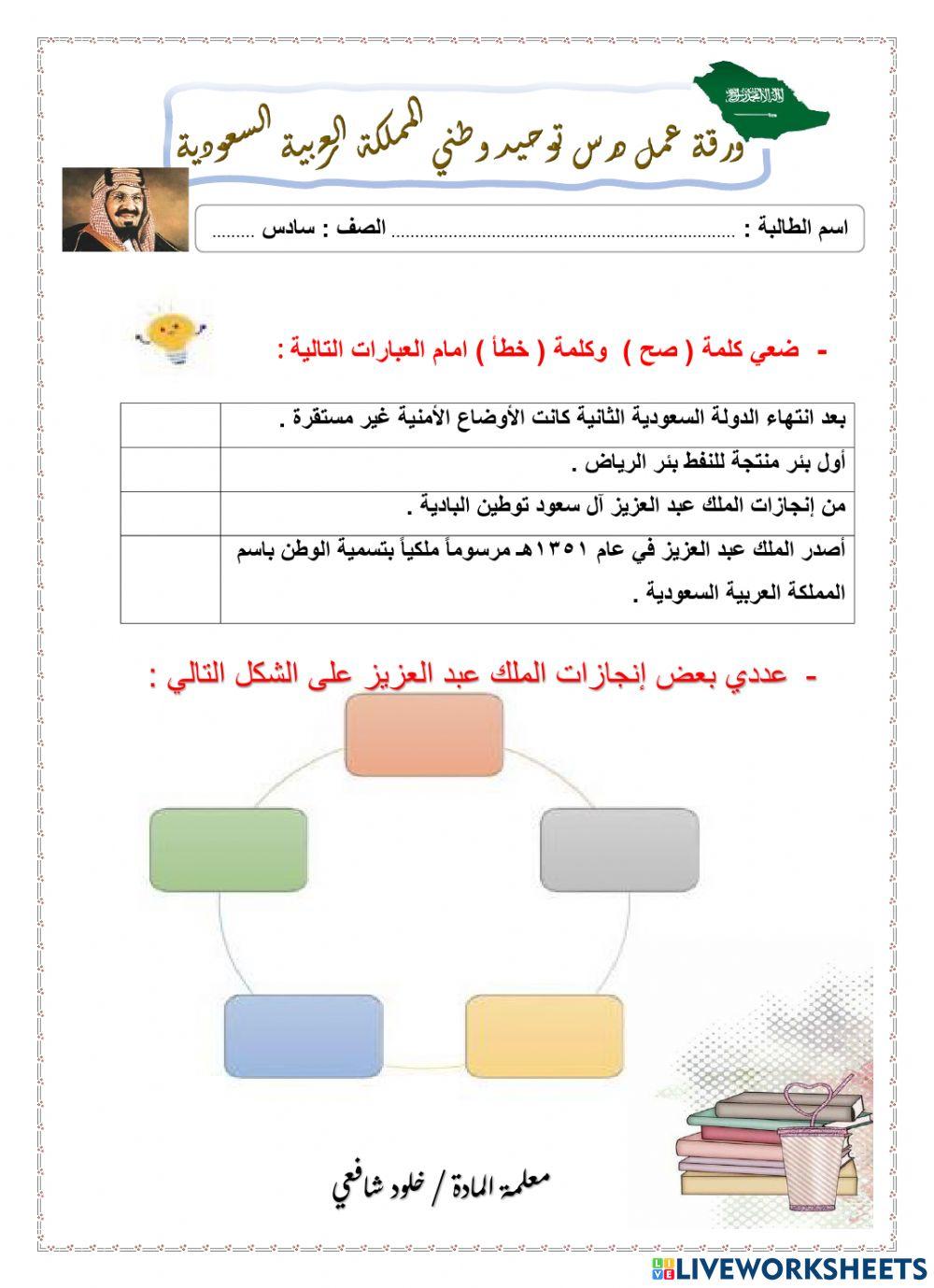 ورقة عمل توحيد المملكة العربية السعودية الصف السادس