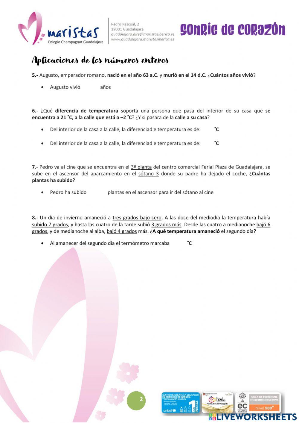 Números Enteros. Actividad final