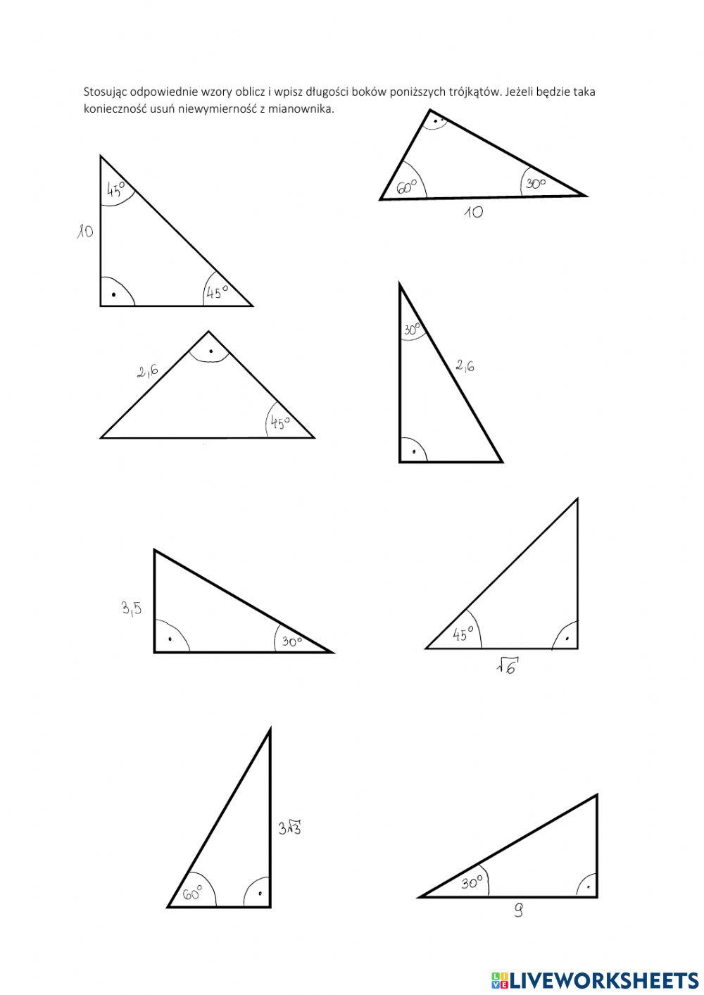 Trójkąty 30,60,90 oraz 45, 45, 90