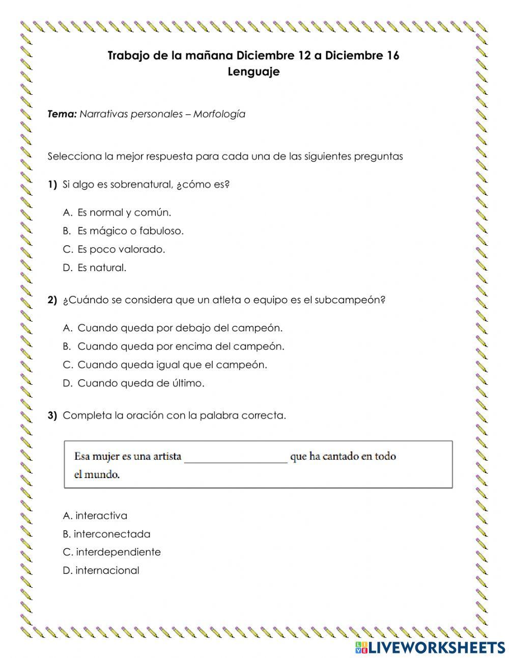 Trabajo de la mañana Lenguaje- Dic 12 a Dic 16