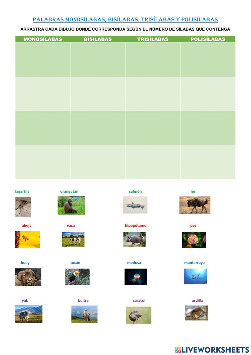 Clasificación de palabras por número de sílabas