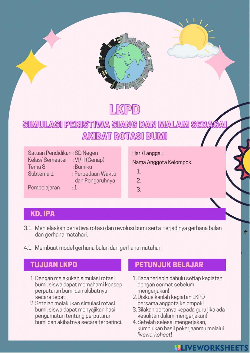 Lkpd kelompok -Simulasi Peristiwa Siang dan Malam Sebagai Akibat Rotasi Bumi-