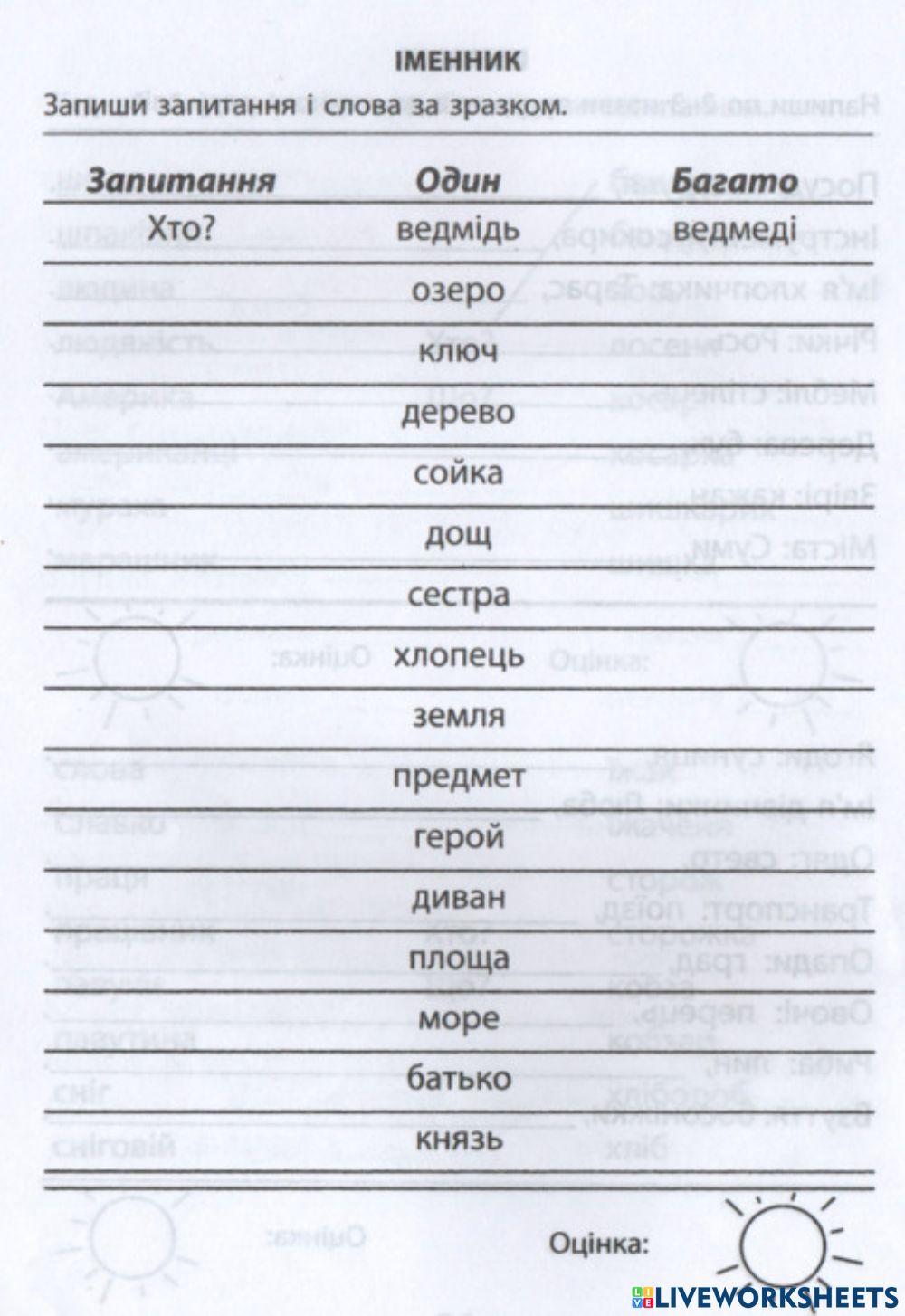 Змінювання іменників за числом (ОДИН-БАГАТО)