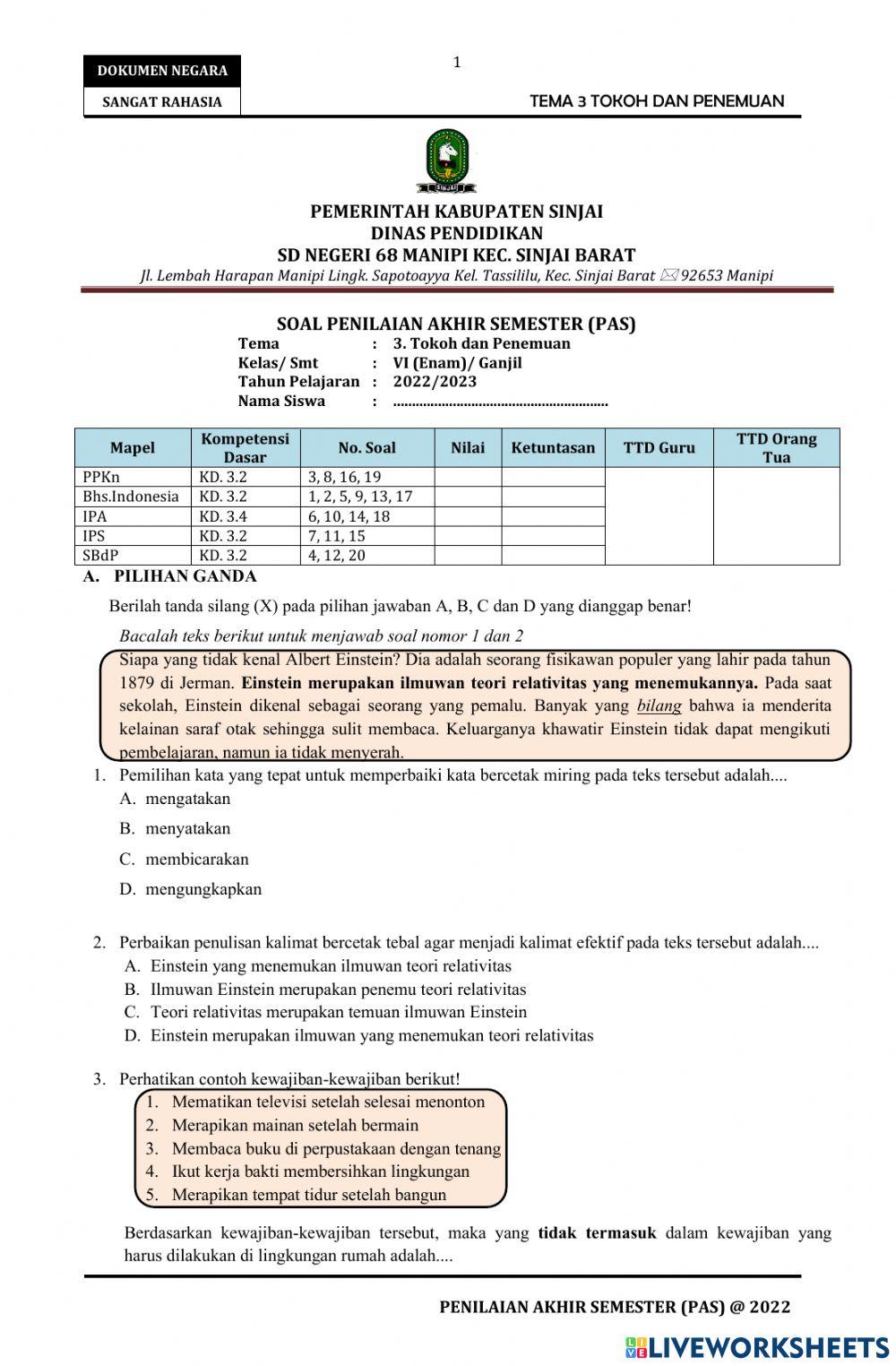 Soal PAS Tema 3 Kelas 6