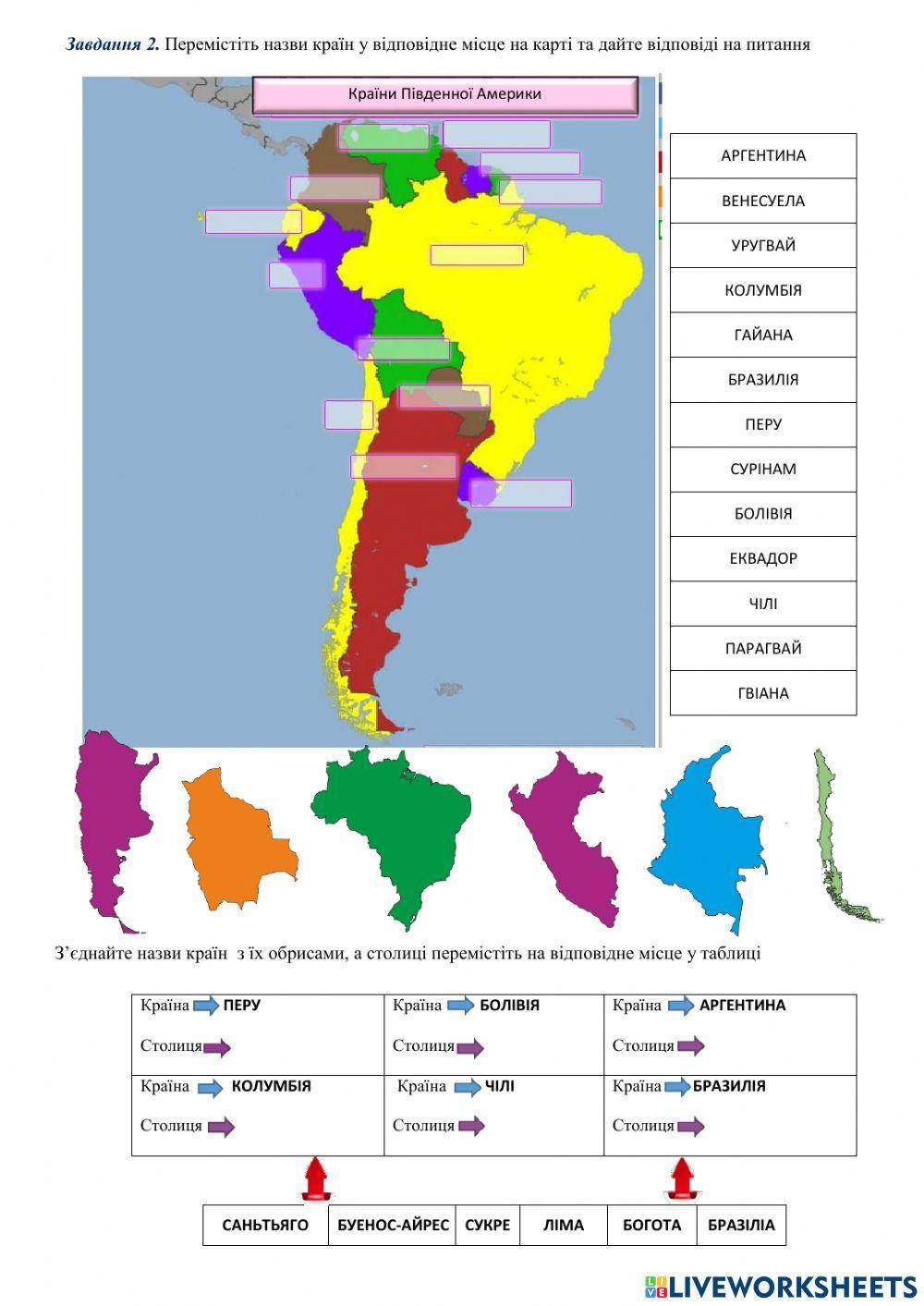 Нанесення на контурну карту географічних об’єктів Південної Америки