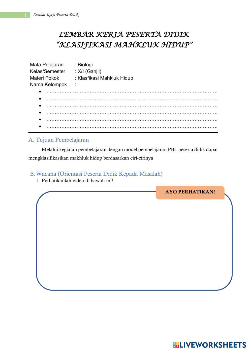 Lkpd klasifikasi makhluk hidup