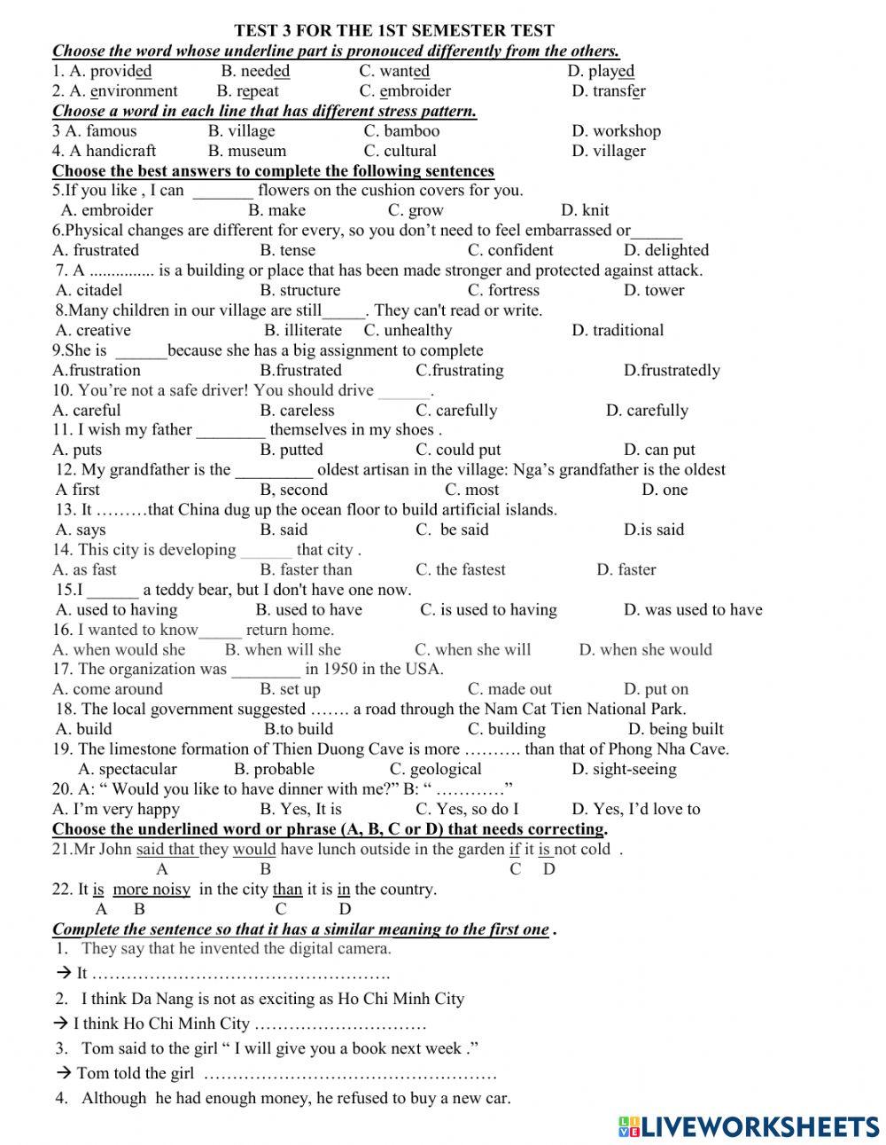 Final test semester 1 grade 9