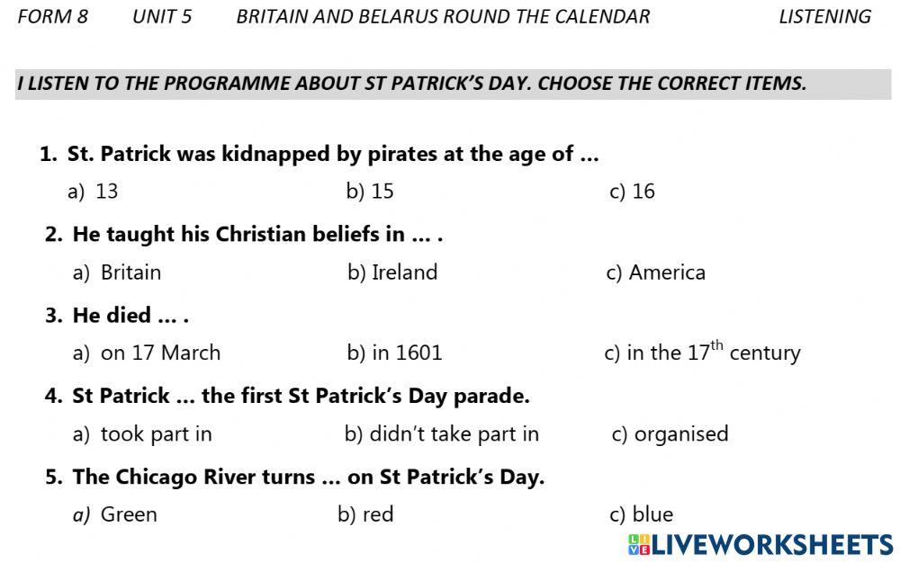 Britain round the calendar Listening Test