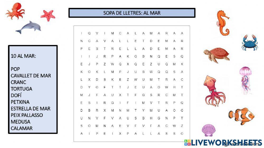 Sopa de lletres d'animals marins