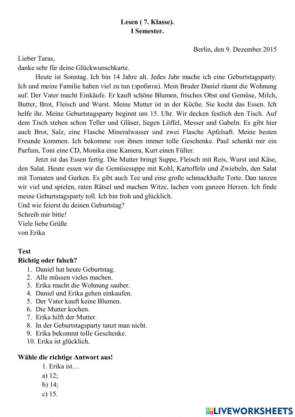 Lesen 7. Klasse Sem I