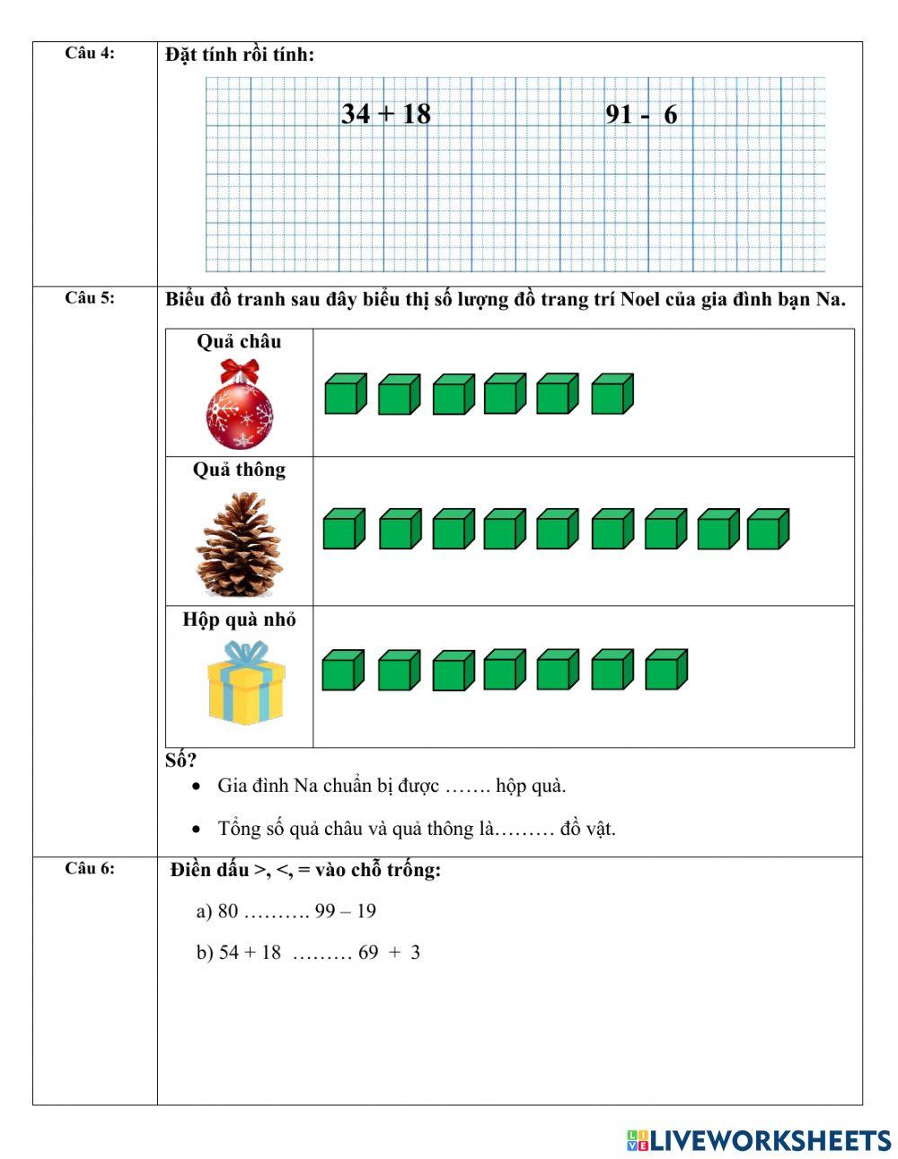 Ôn tập toán cuối hk1 - lớp 2