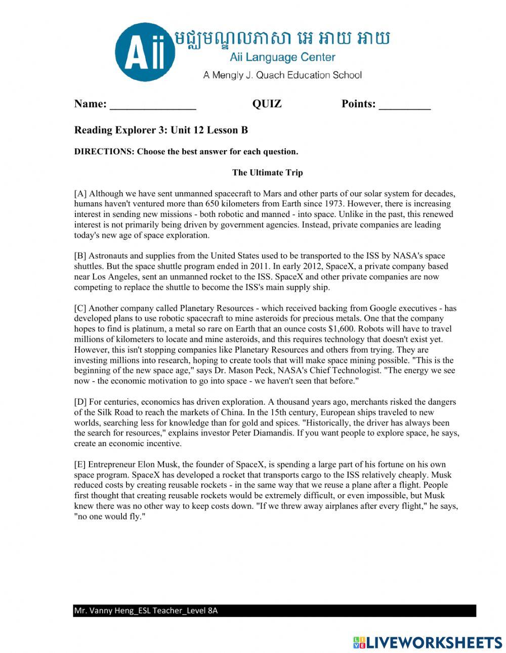 REX3 3rd Edition-Unit12B-Quiz