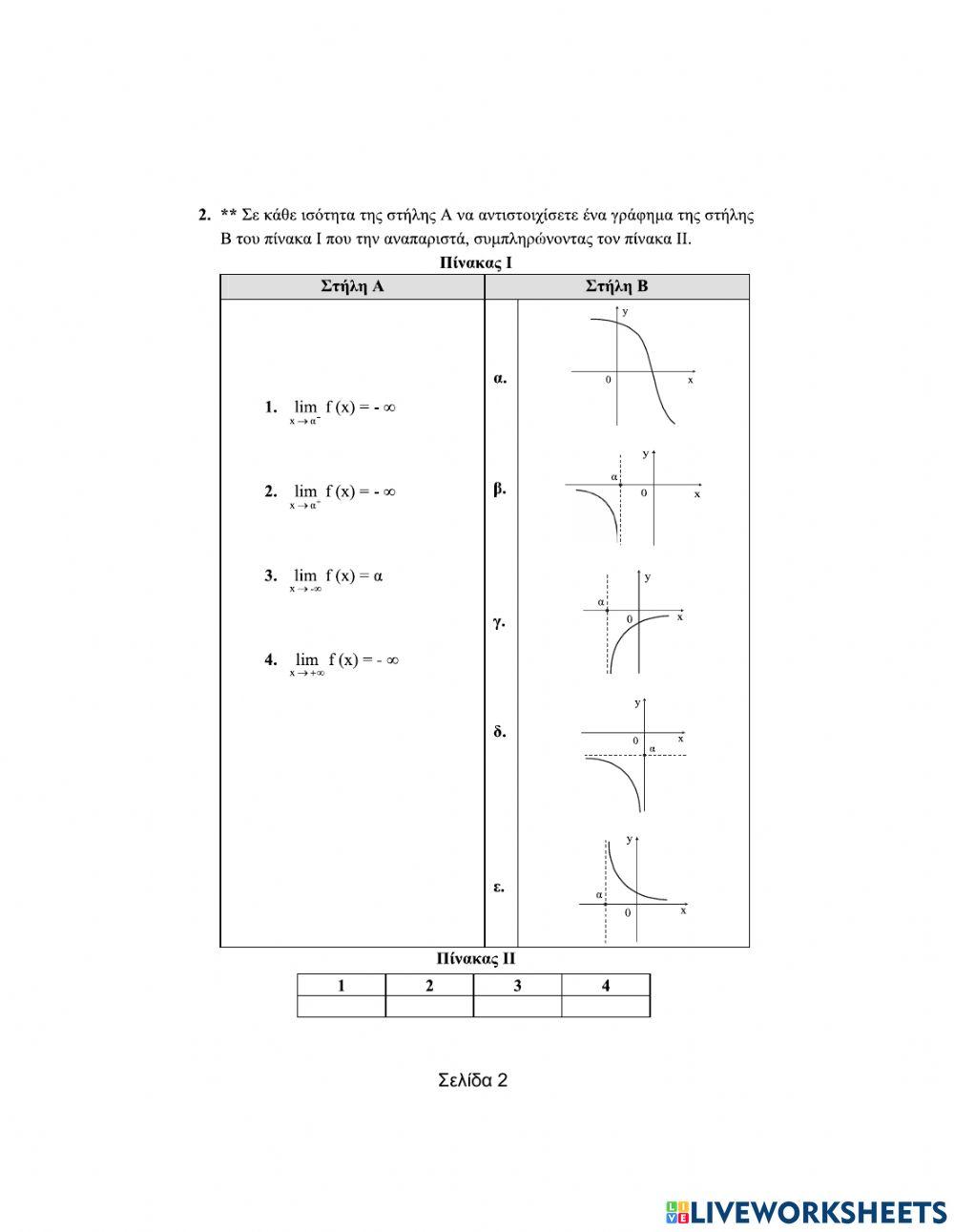 Ερωτήσεις αντιστοίχισης-Όριο-Συνέχεια (Μέρος Α).