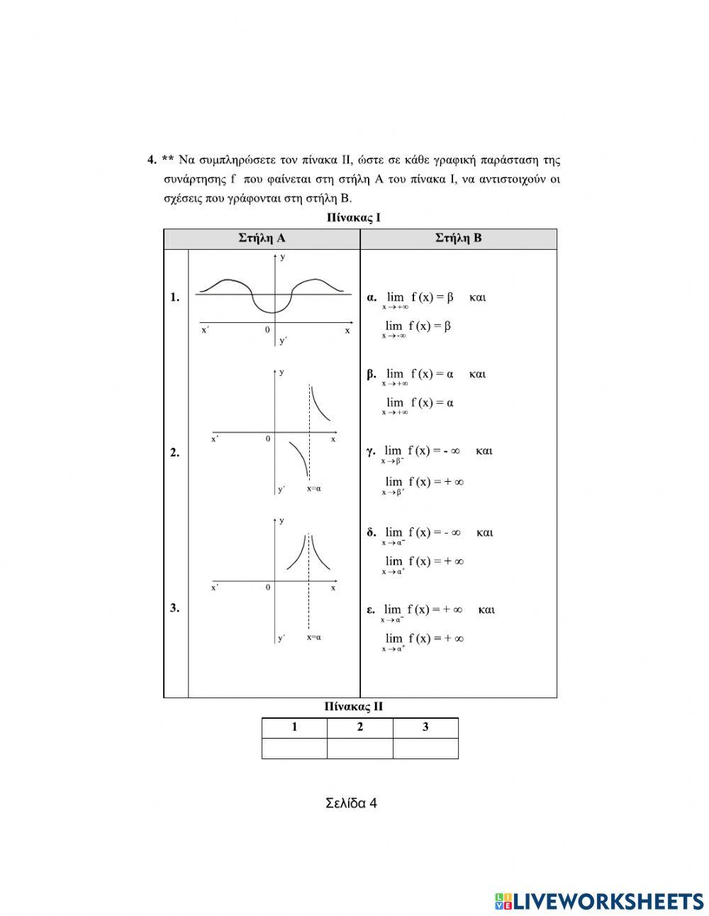 Ερωτήσεις αντιστοίχισης-Όριο-Συνέχεια (Μέρος Α).
