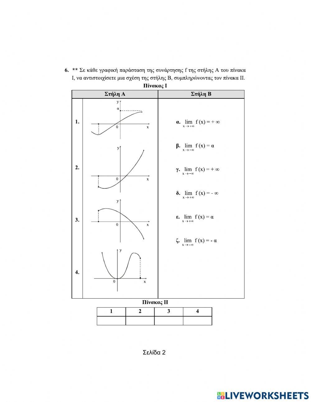 Ερωτήσεις αντιστοίχισης-Όριο-Συνέχεια (Μέρος Β).