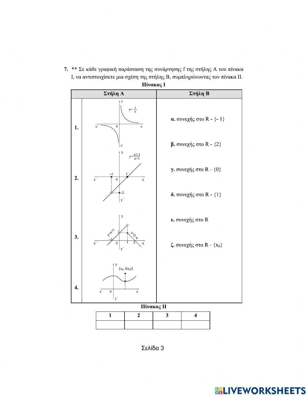 Ερωτήσεις αντιστοίχισης-Όριο-Συνέχεια (Μέρος Β).