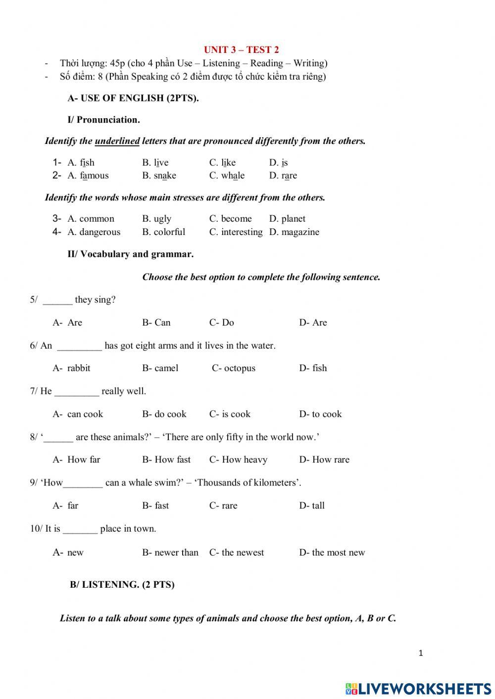 FP6. Unit 3 Wild life test 2