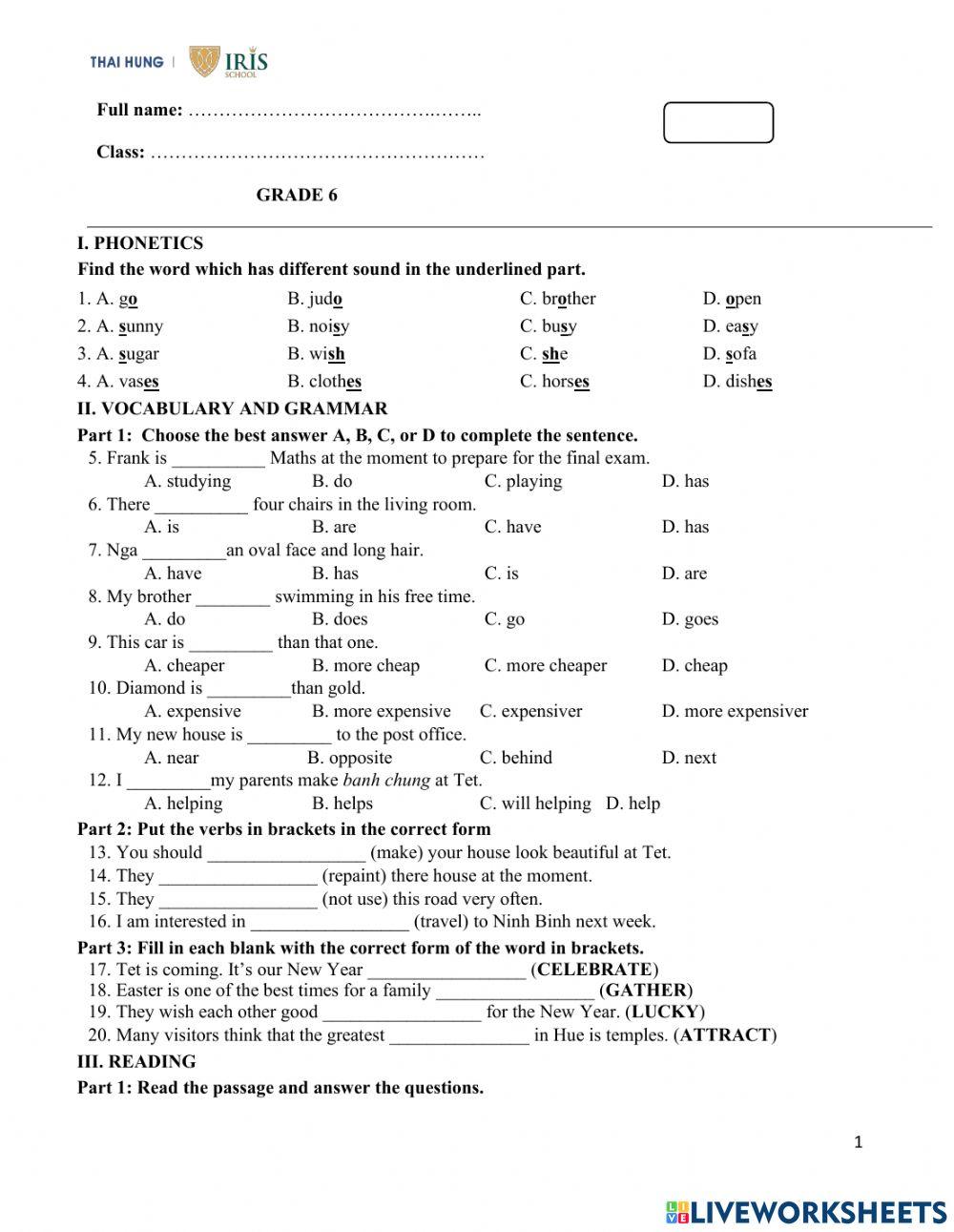Revision worksheet - Grade 6 No 2 worksheet | Live Worksheets