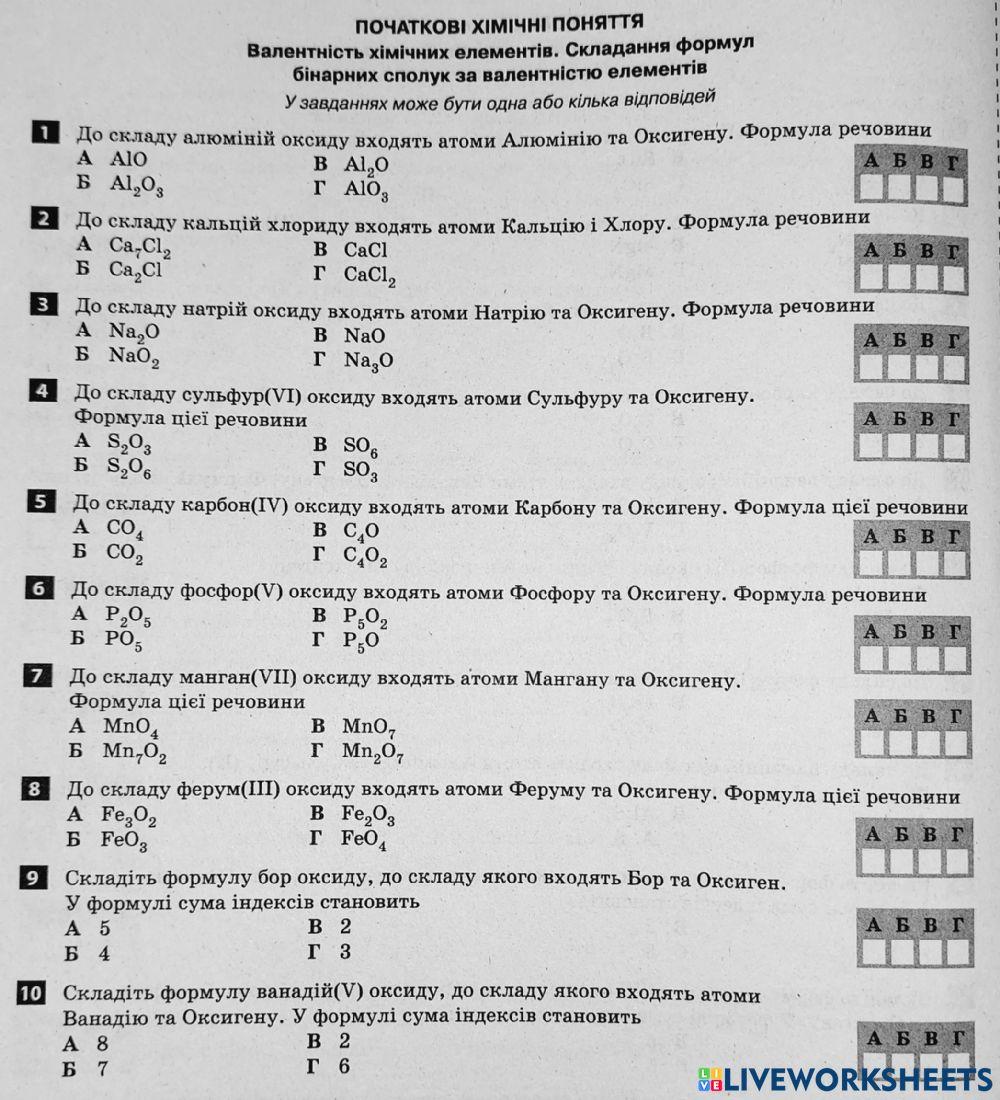 Валентність елементів worksheet | Live Worksheets