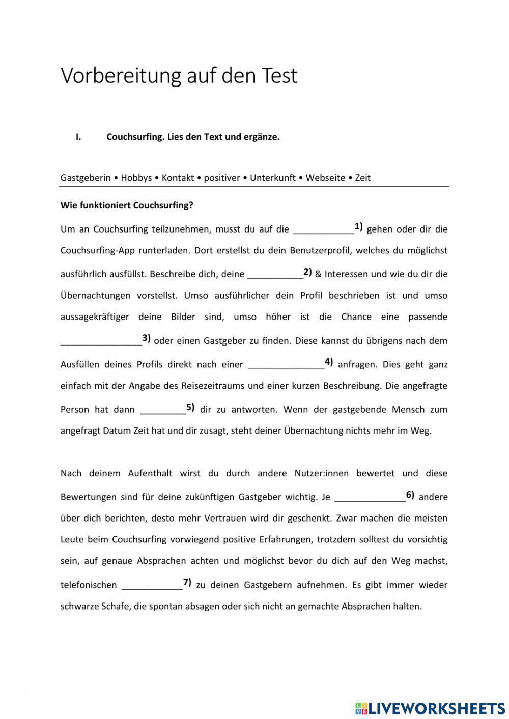 Vorbereitung auf die Klassenarbeit