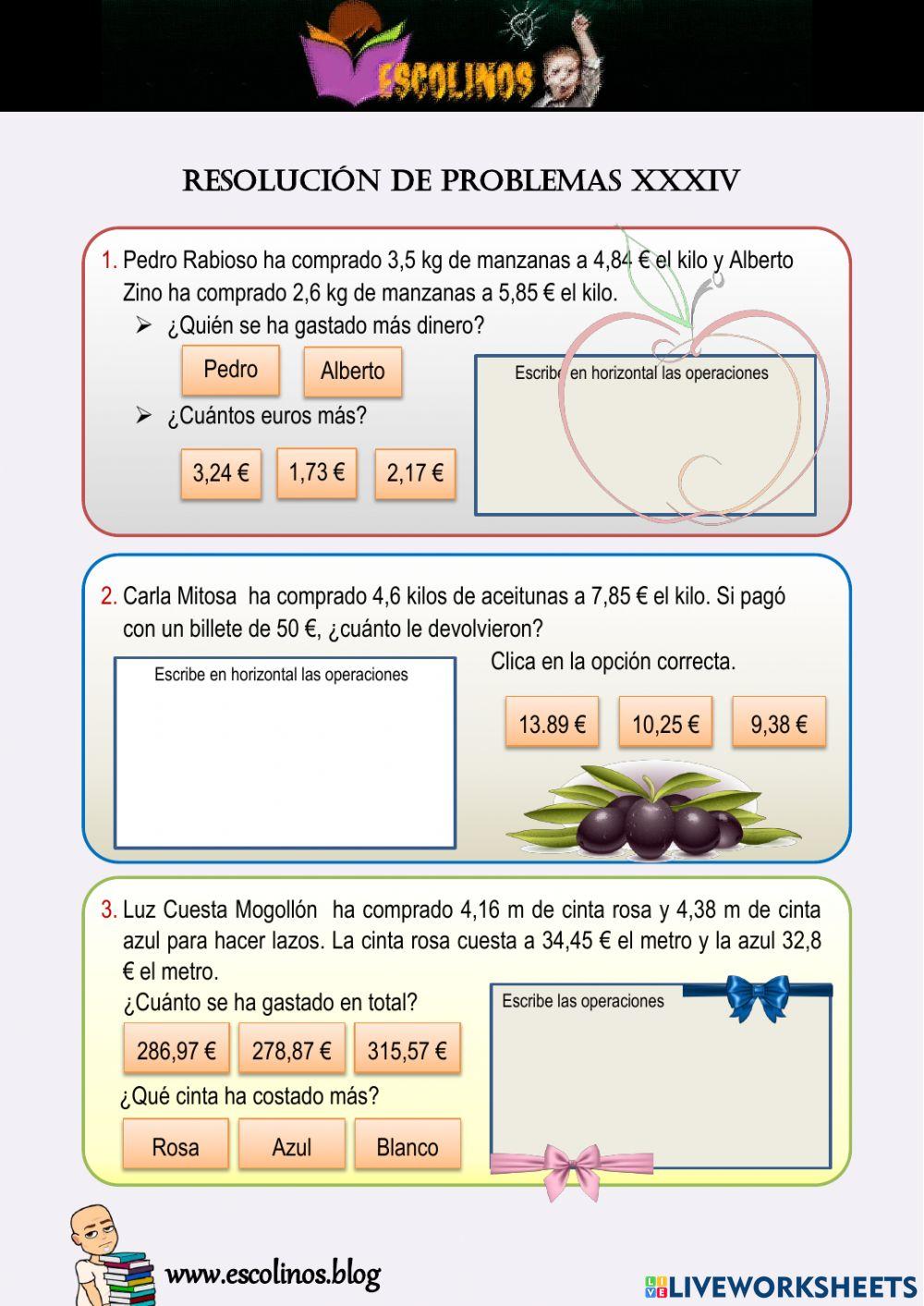 Matemáticas 5º. Resolución de problemas XXXIV