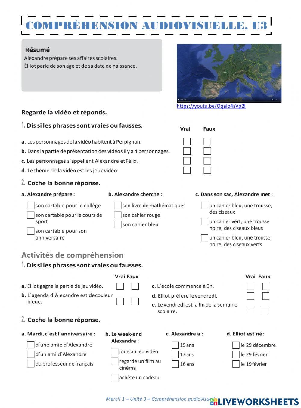 Compréhension audiovisuelle Unité 3  A1.1