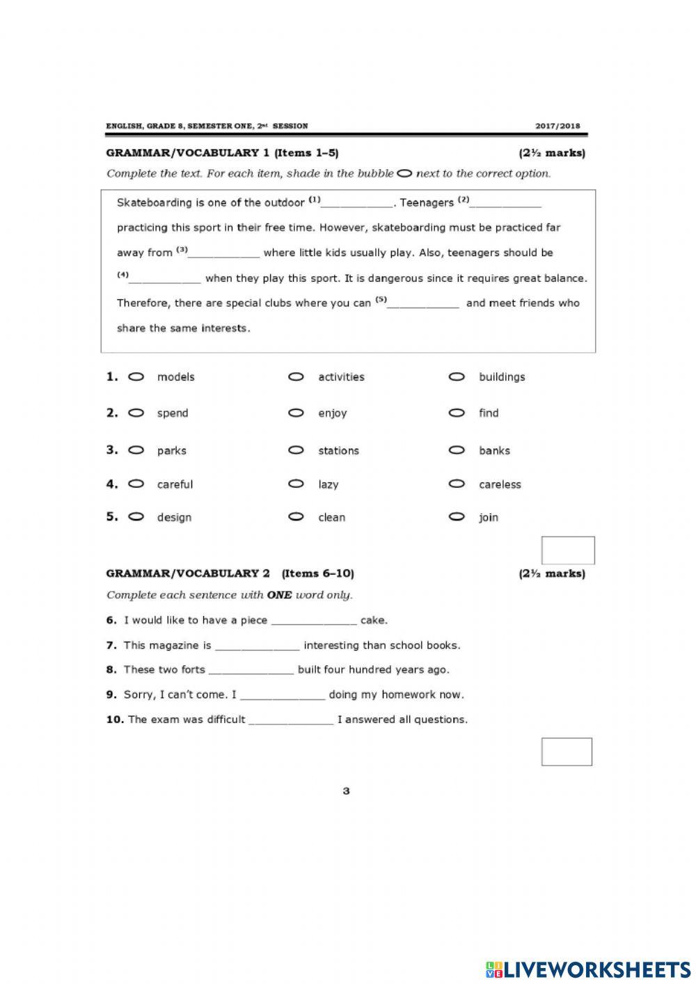 Test 1 on Vocabulary & grammar