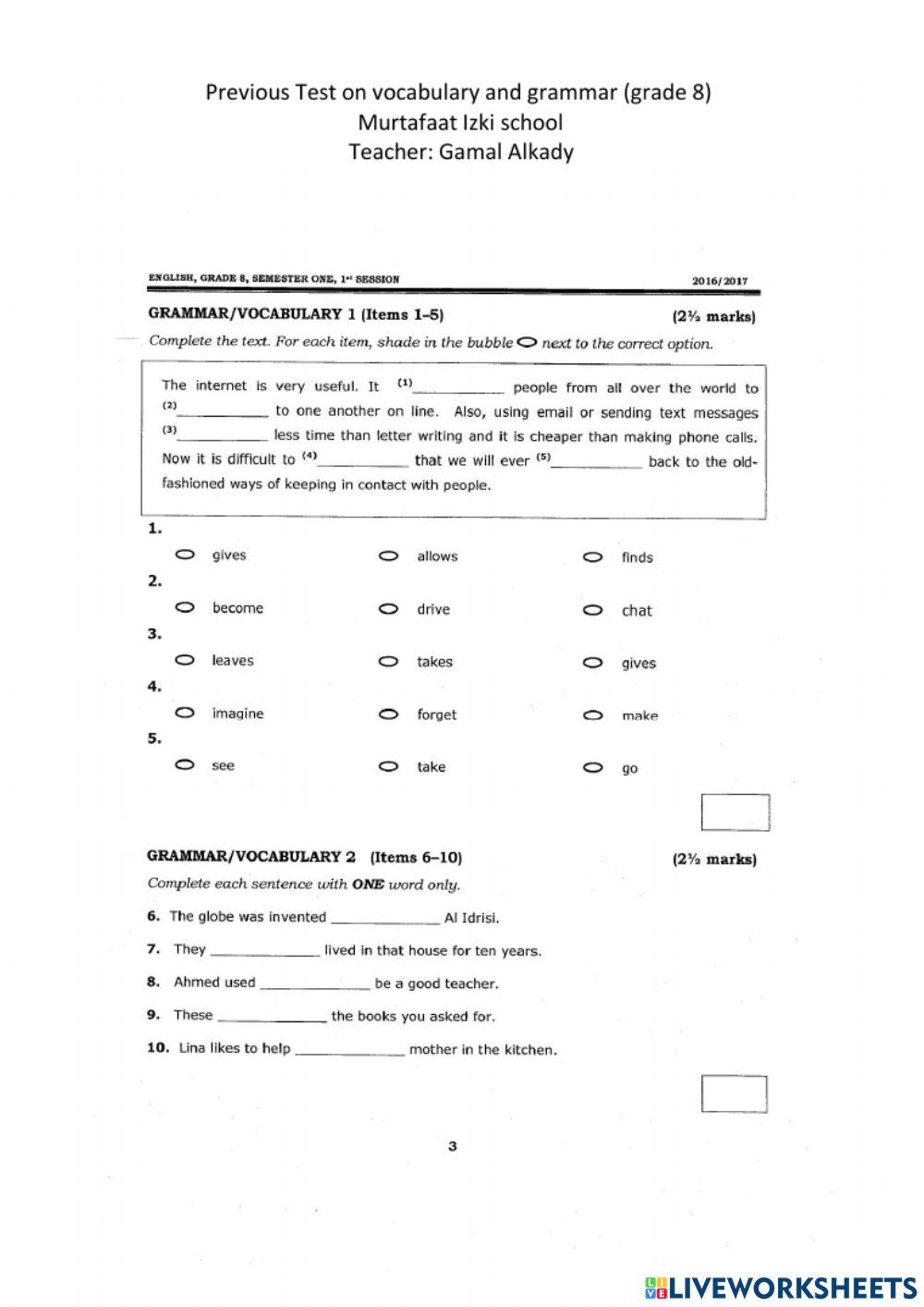 Test on Vocabulary and grammar