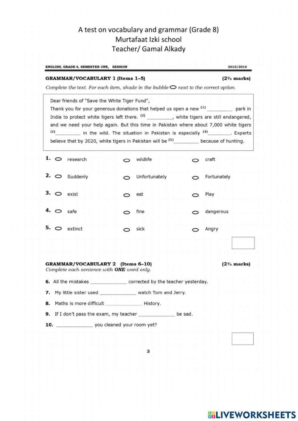 A test on grammar and vocabulary