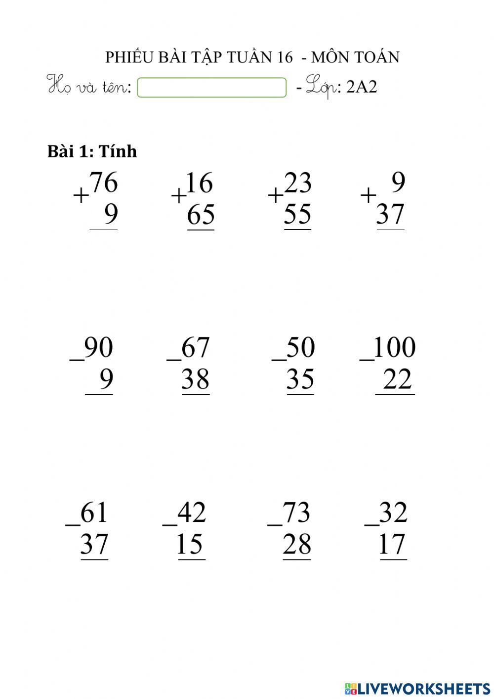 Phiếu Bài Tập Tuần 15 - Môn Toán