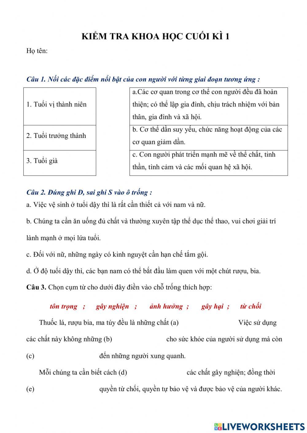 Kiểm tra khoa học kì 1 - Ngô Huyền