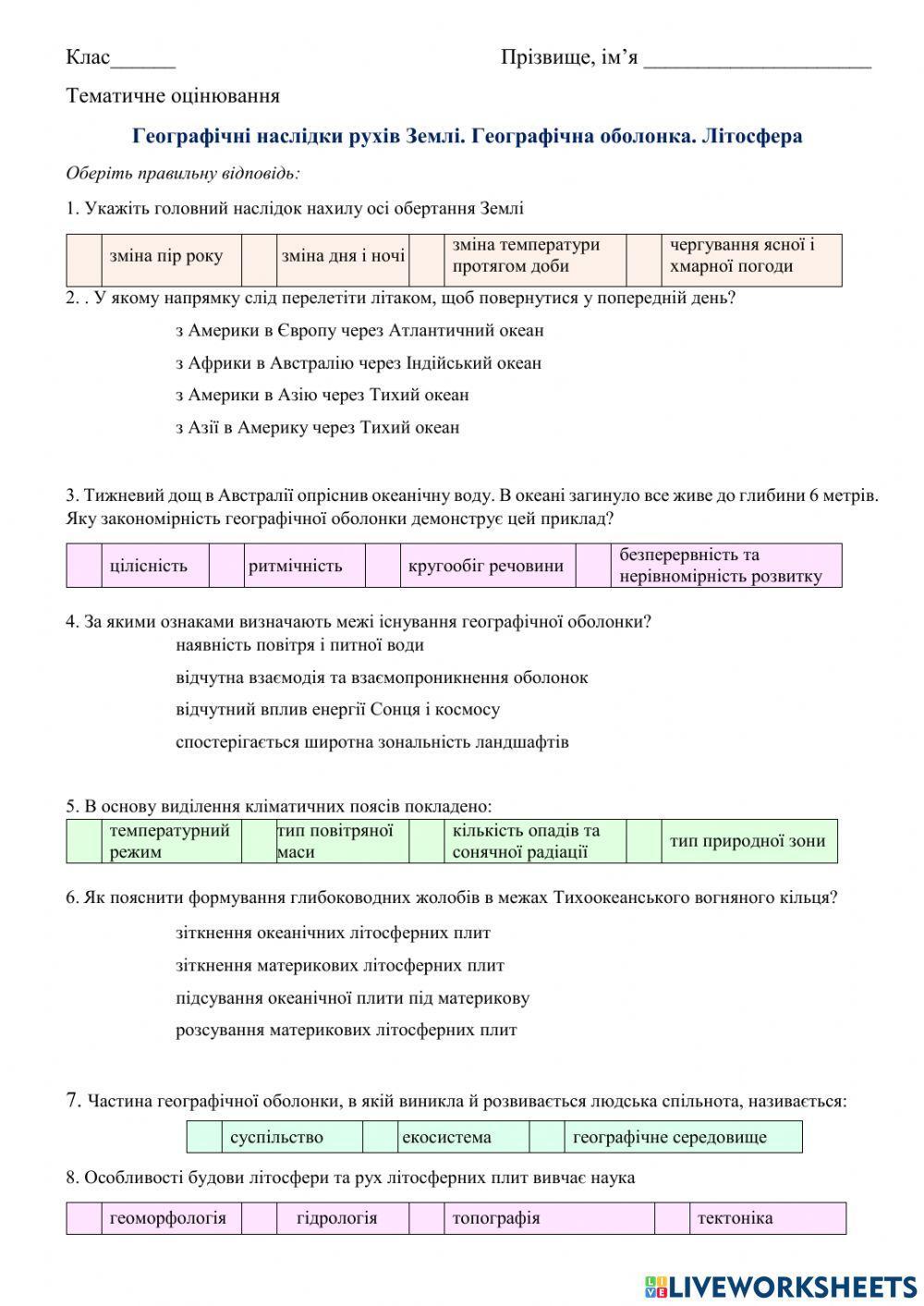Географічні наслідки рухів Землі. Географічна оболонка. Літосфера