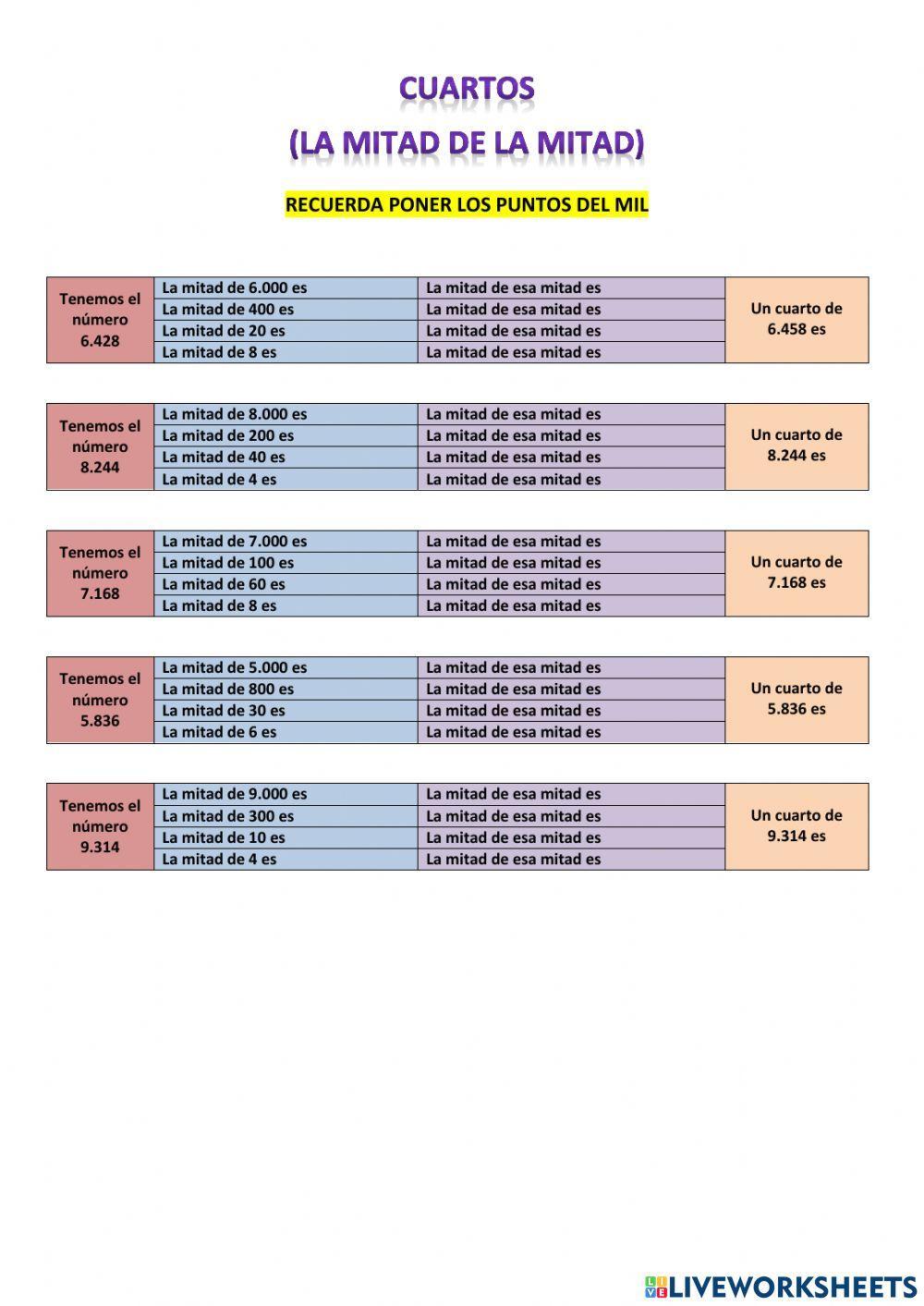 Cálculo mental de un cuarto de un número